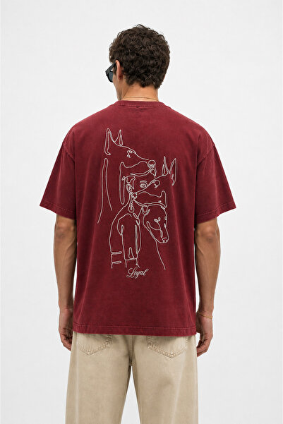 Respire Men's Embroidery Detailed Washable Oversize T-Shirt Burgundy