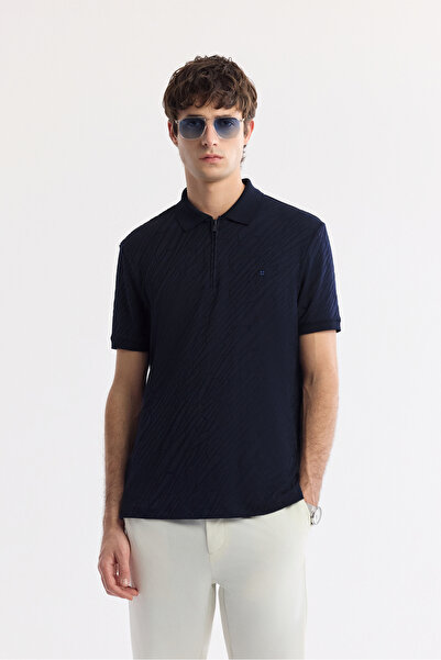 Avva Men's Navy Blue Polo Neck Jacquard Regular Fit T-Shirt A51Y1090