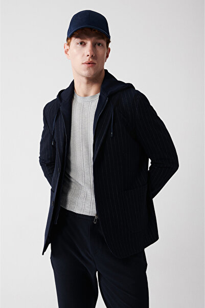 Avva Men's Navy Blue Mono Collar Hooded Jacket A32y4019
