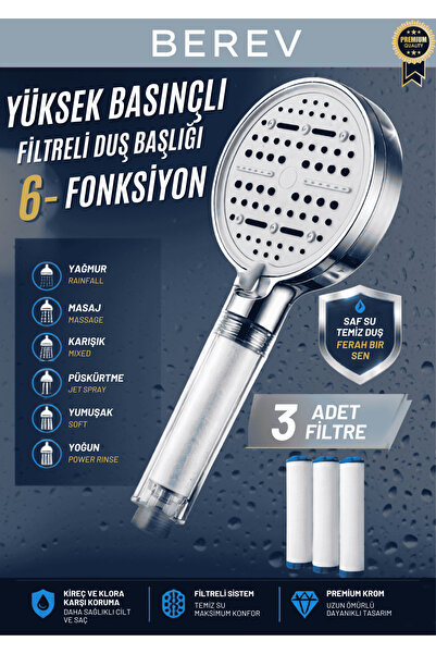 Berev 6 Fonksiyonlu Filtreli Krom Duş Başlığı 3 Adet Yedek Filtre Su Tasarruf...
