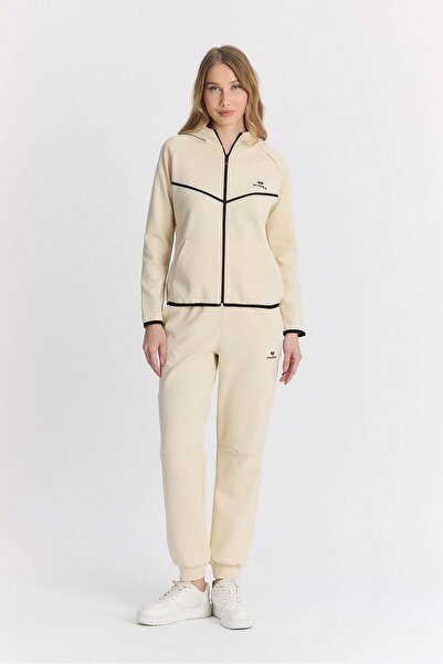 Piyera Women's Ecru Tracksuit Set - Chest Stripe, Elastic Leg, Zippered Hood ...
