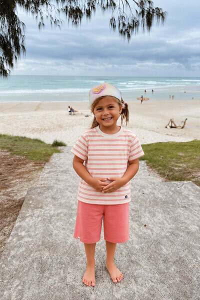 Cigit Striped Basic Capri Set 1-7 Years Coral Striped