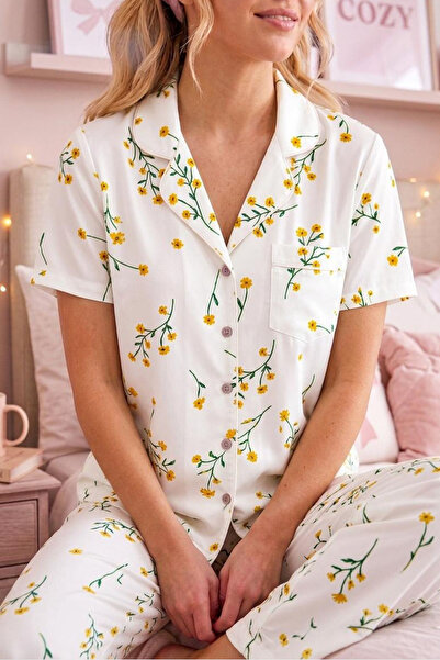 FİT WOMEN Floral Printed Crinkle Fabric Short-Sleeved Pajama Set 6067
