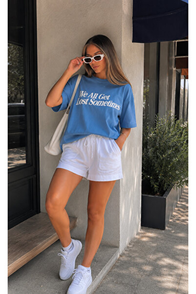 Madmext Blue Printed Oversize T-Shirt Mg1532