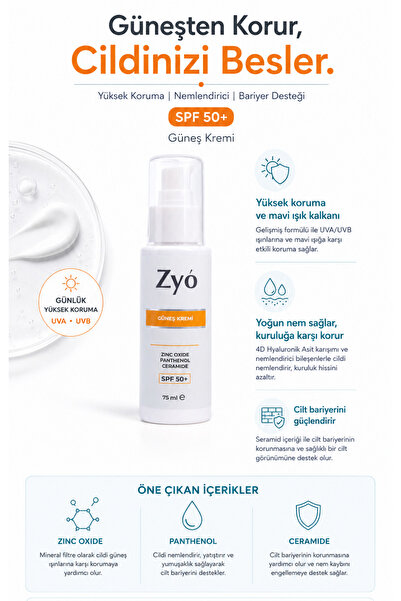 Zyo Leke Karşıtı Yüz Güneş Kremi SPF 50+ Yüksek Korumalı Ton Eşitleyici 75 ml Tüm Cilt Tipleri İçin