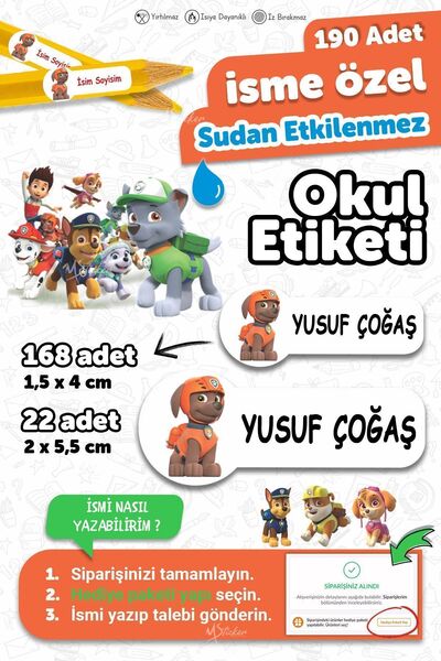 MSticker Okul Etiketi Kalem Defter Etiketi Paw Patrol Temalı Isim Yazılabilen...