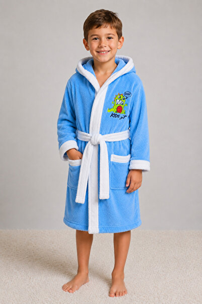 İQON Children's Hooded Bathrobe 100% Cotton – Dinosaur (5-6 Years/ 116 cm)