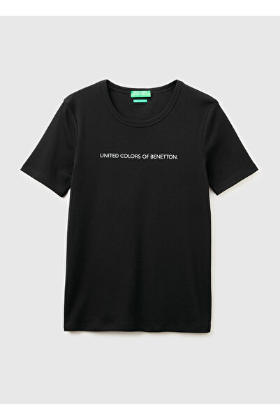 United Colors of Benetton Women's black 100% cotton logo printed crew neck t-...