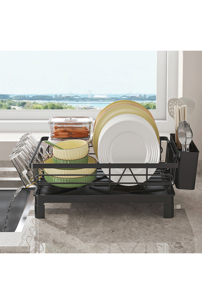 Choice 1-tier L Black Metal Dish Drying Rack with Cup & Utensil Holders, Larg...