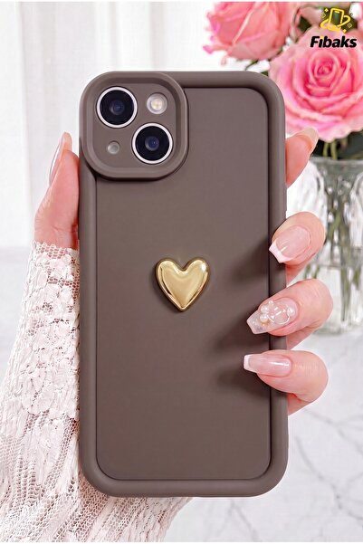 Fibaks iPhone 13/14 Kılıf 3d Kalp Tasarımlı Kahverengi Desenli Yumuşak Kamera...