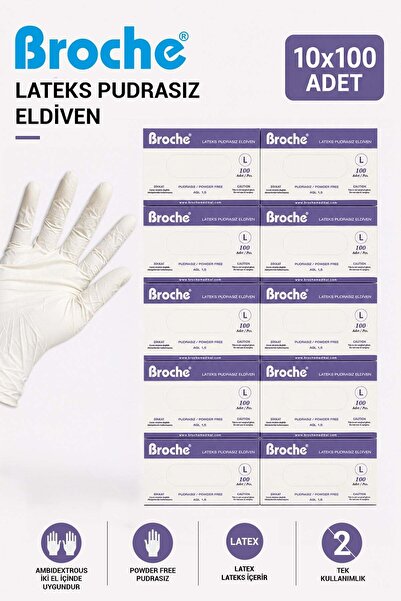 Broche LATEKS PUDRASIZ MUAYENE ELDİVENİ L BEDEN 10'LU PAKET