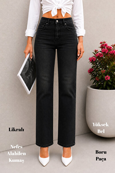 CEDY DENIM Kadın Boru Paça Yüksek Bel Regular Fit Likralı Pantolon-C607-Siyah