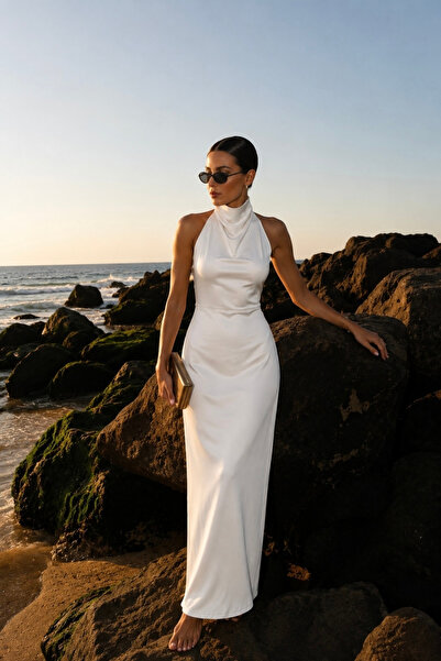 Black Fashion Degaje Yaka Maxi Beyaz Saten Elbise