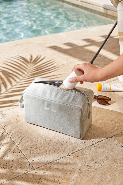 Ocean Home Textile 2 Adet Termal Astarlı Su İtici Leke Tutmaz Gri Jüt Keten Makyaj İlaç Çantası Seti 19x13x7/25x15x12.5