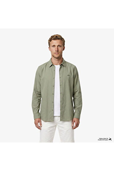 Lacoste Erkek Regular Fit Düğmeli Yaka Çizgili Haki Gömlek
