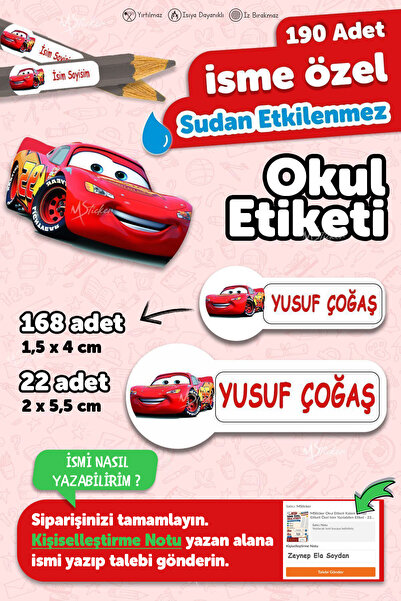 MSticker Okul Etiketi Kalem Defter Etiketi Özel Isim Yazılabilen Etiket Cars ...