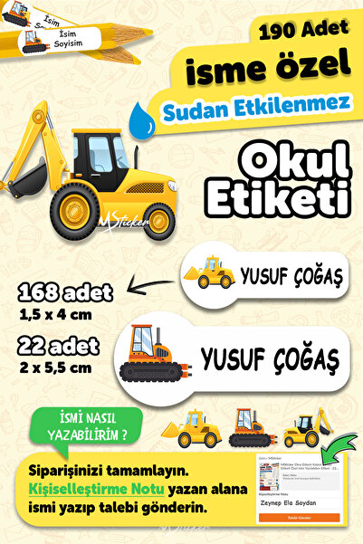 MSticker Okul Etiketi Kalem Defter Etiketi Iş Makinaları Özel Isim Yazılabile...
