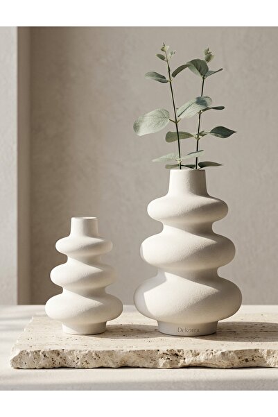 DEKOPOR Modern & Minimal 2'li Seramik Vazo Seti | Beyaz