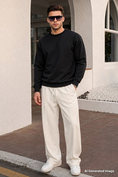 Madmext Ecru Relaxed Fit Men's Sweatpants with Front Stitching Detail E6590