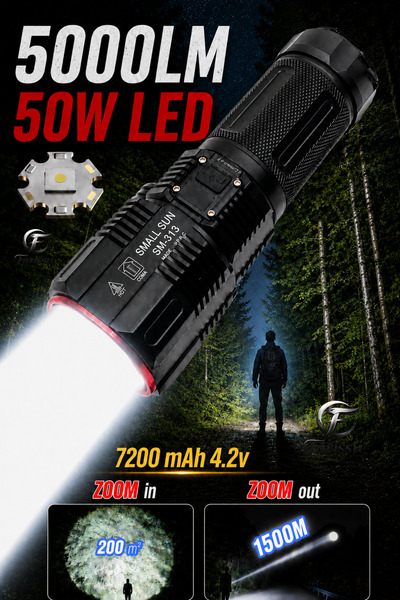 farissu SM-313 50W 5000 Lümen Profesyonel Şarjlı El Feneri - 1.5 KM Menzilli ...