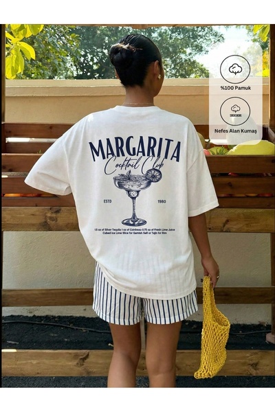 chaygoy Kadın Oversize Beyaz Tişört Margarita Cocktail Club Ön ve Sırt Baskılı