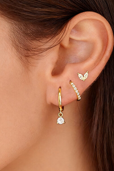 Shylyn 18K Altın Kaplama 925 Gümüş İğne Zirkonlu 3'lü Set Küpe (Kelebek+Hoop ...
