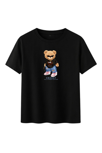 DK DAKSEL Black Color Oversize Teddy Bear Printed Women's T-Shirt