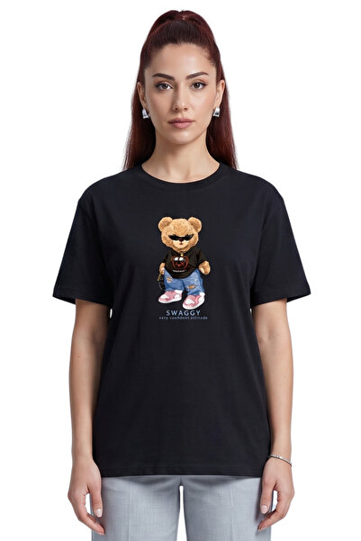 DK DAKSEL Crna boja Oversize kroj Teddy Bear Štampano Ženska majica