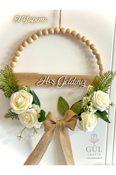 MACROMEKİDS Wooden Beaded Welcome Door Ornament with White Roses 30 cm - Deco...