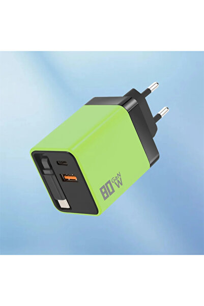 Choice Green EU Plug 80W GaN USB C Fast Charger Retractable Cable Phone Charg...