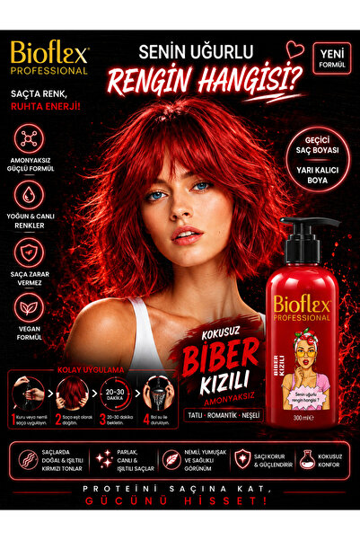 Bioflex Amonyaksız Biber Kızılı Renkli Saç Boyası 250 ml Kokusuz Su Bazlı Geç...