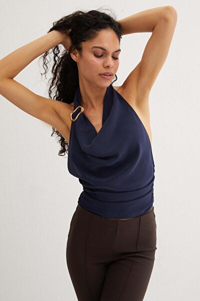 Silk and Cashmere Lacivert Luna Saf İpek Sırtı Açık Bluz