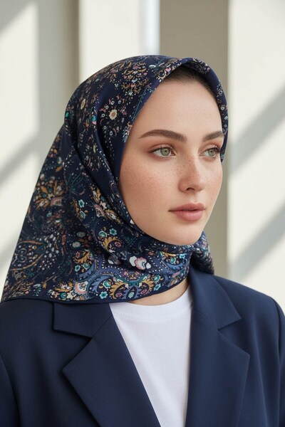 Vissona %100 Twill İpek Şal Desenli Lacivert - İndigo Renkli 90x90 Eşarp Diki...