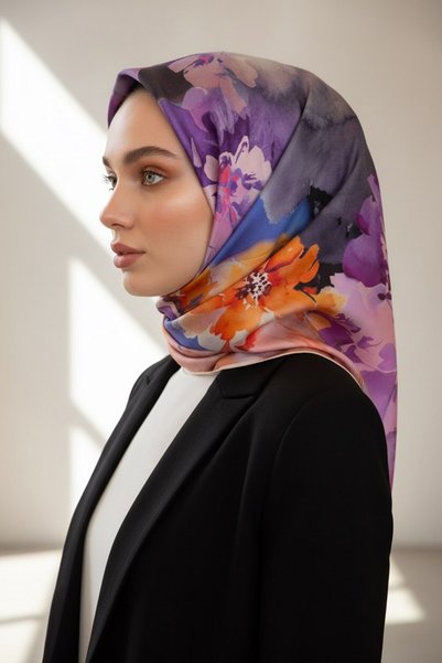 Vissona 100% Twill Silk Floral Patterned Cream - Orange Colored 90X90 Scarf Sewing Shape: Hand Sewing