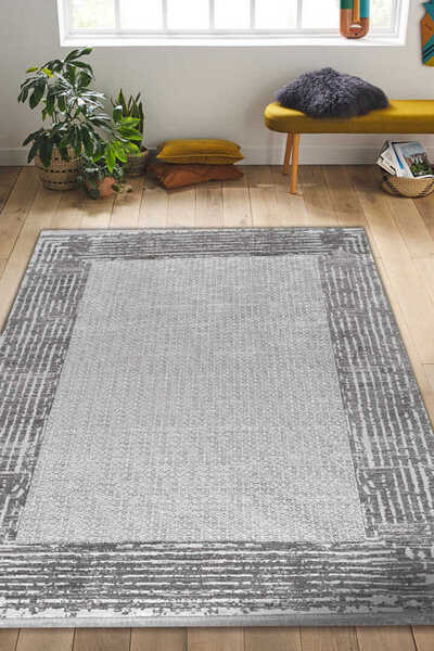 Frenda Parlak Saten Dokulu Poem Bambu Tuşe Klasik Çerçeve Desenli Halı Pm08 B...