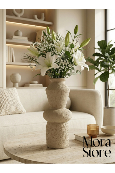 mora store Bej Dokulu Seramik Vazo 28 cm - İskandinav Modern Minimalist Sade ...