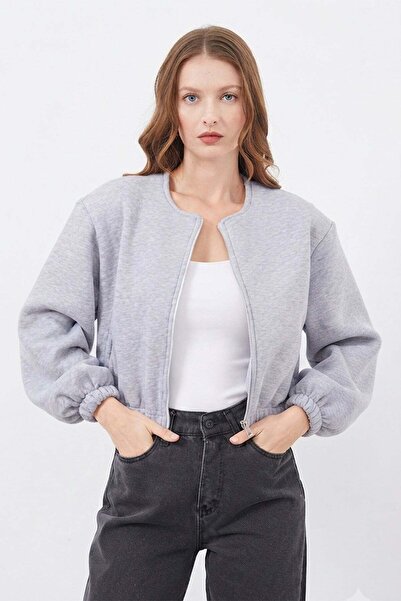 Fulla Moda Fermuarlı Beli Lastikli Crop Ceket