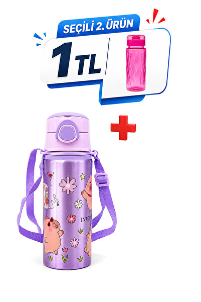 M&B WATER BOTTLE Metal Kapibara Motifli Pipetli Çocuk Matarası - 600 ML Kilit...