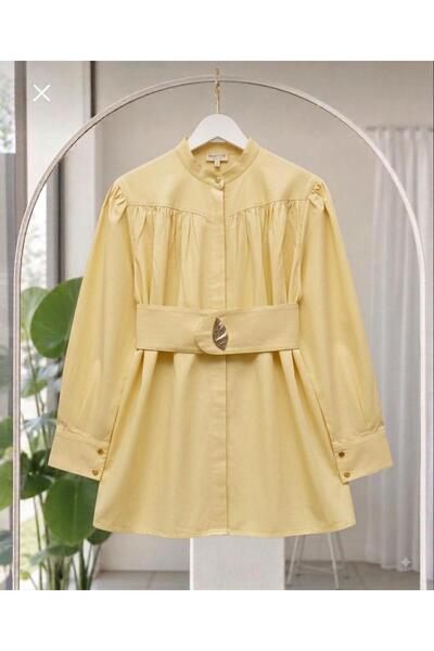 ÇALIŞKAN MODA Leaf Brooched Belted Loose Tencel Tunic [75 Cm, Wide Fit]