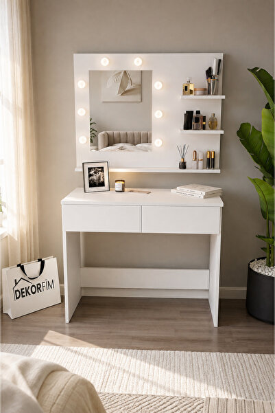 dekor fim DF02111B Holywood LED Işıklı Aynalı Beyaz 2 Bölmeli Çekmeceli Yatak Odası Makyaj Kozmetik Masası