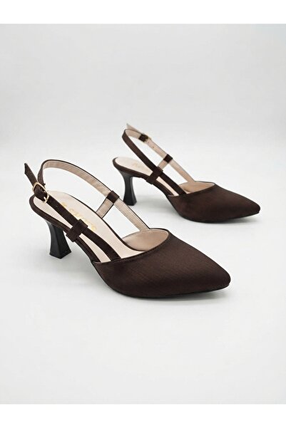 Nubbock Ahsen Women's Brown Plain Satin Open Back 7 cm Heeled Shoes