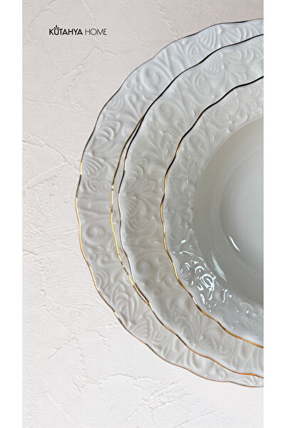 KÜTAHYA HOME Ivory 24 Parça Porselen Yemek Takımı – Yaldızlı Rölyef Desenli 6...