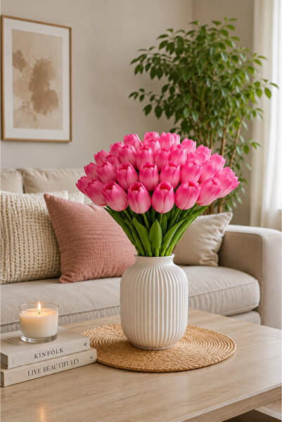 OznCicekTasarim Artificial Flower Wet Tulip Pink Color 10 Pack Premium