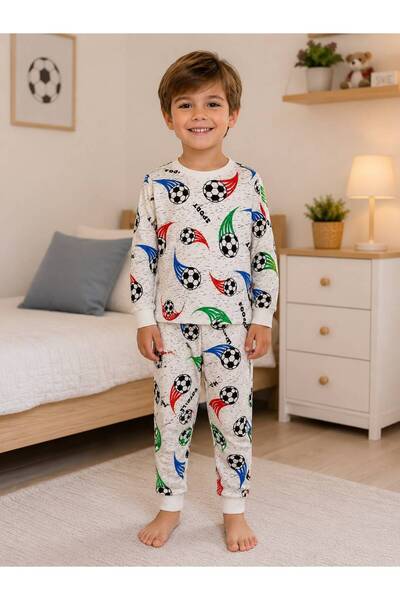 Fil Kids Boys' 100% Cotton Fabric White Soccer Ball Pattern Long Sleeve Fleec...