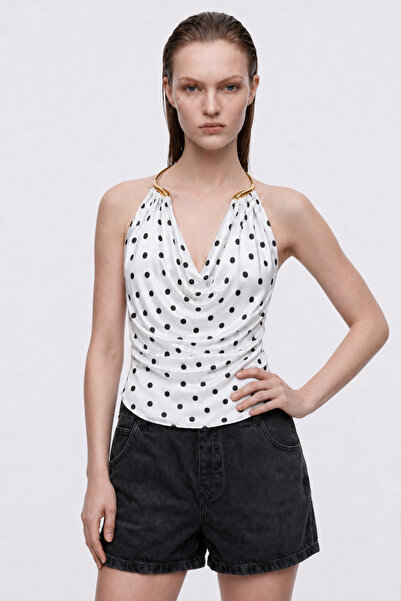 HAKKE Drape Collar Polka Dot Flowy Blouse