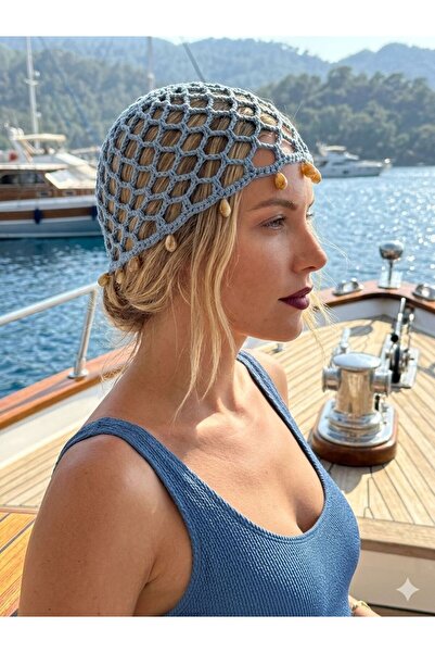 Trend Şapka 19068 Denizkabuklu Bebemavi El Yapımı File Örgü Bere Şapka Bandana
