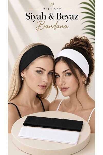 invictus design Kadın 2'li Esnek Pamuklu Siyah Beyaz Sporcu Bandana Set
