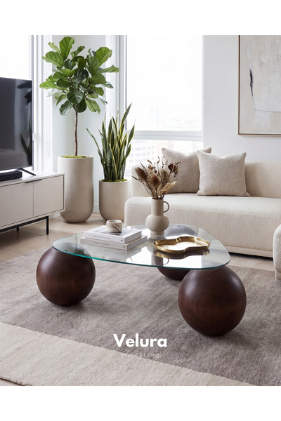 Velura Home & Living Top Sehpa & Küre Cam Orta Sehpa - Koyu Ceviz
