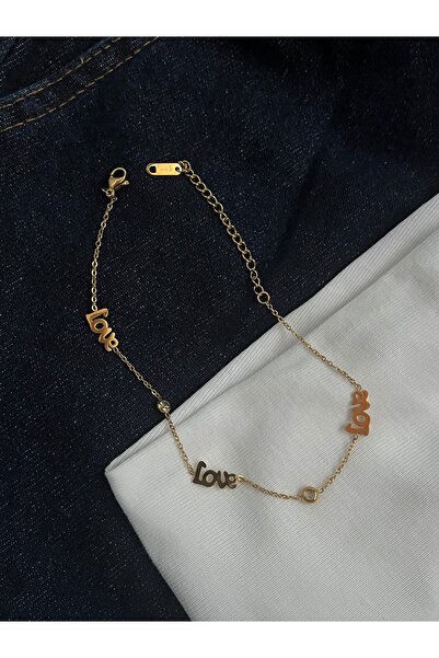 BusradanDesign Love Script and Zircon Stone Detail Steel Anklet