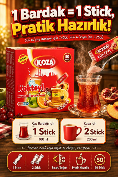 Koza C Vitamini Kokteyl Aromalı Pratik Lezzet Meyveli Tek İçimlik Premium İçecek Tozu 50 Stick